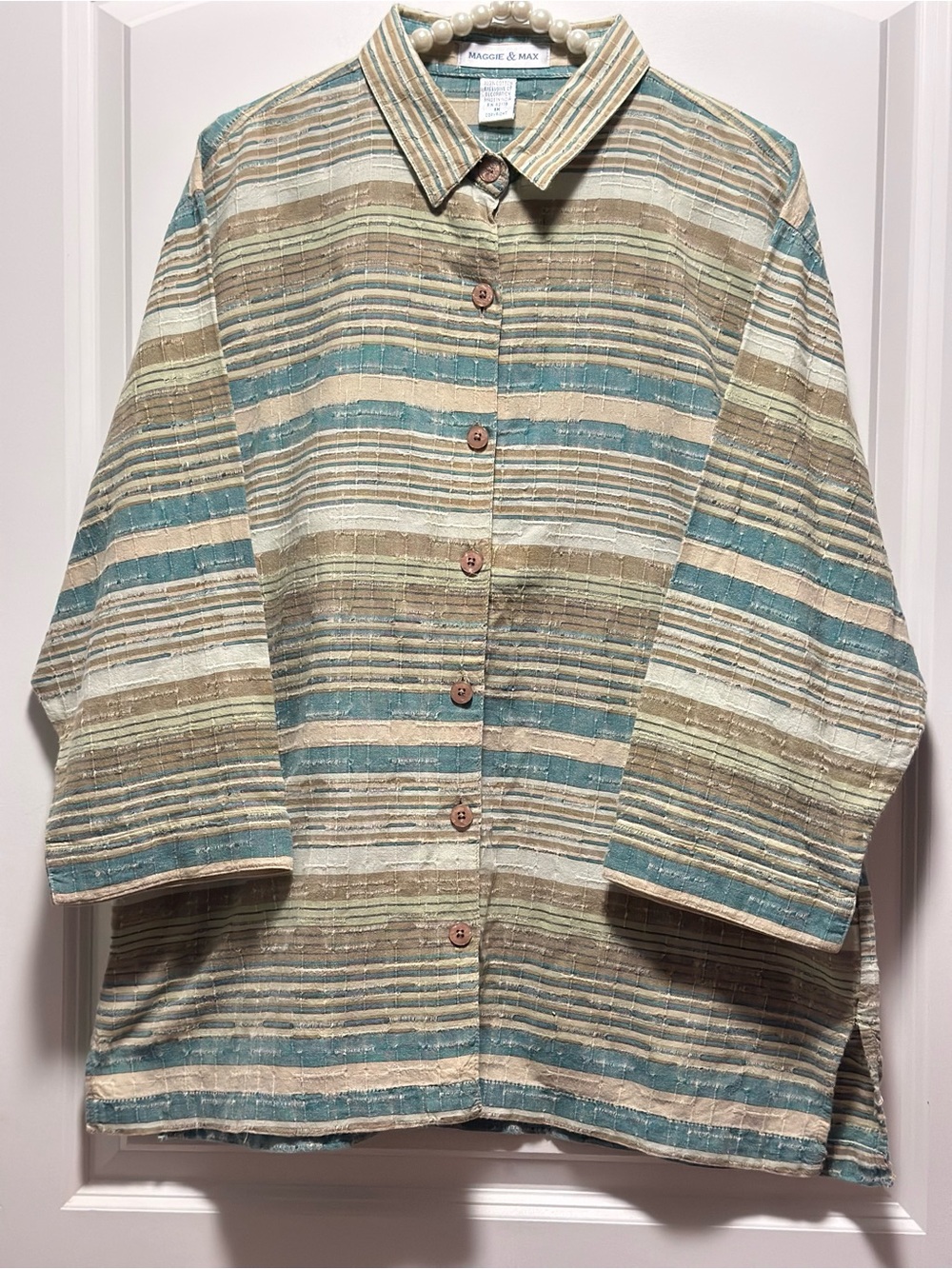 Maggie & Max Blouse Boho Striped Textured Cotton Button Down 3/4 sleeve 1X